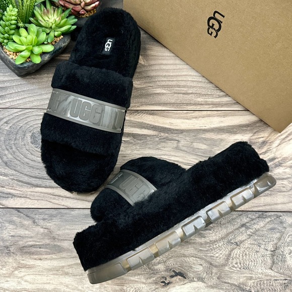 NIB UGG Australia Fluffita 9 40 Black Clear Platform Slide Slipper Sandals - Picture 3 of 12